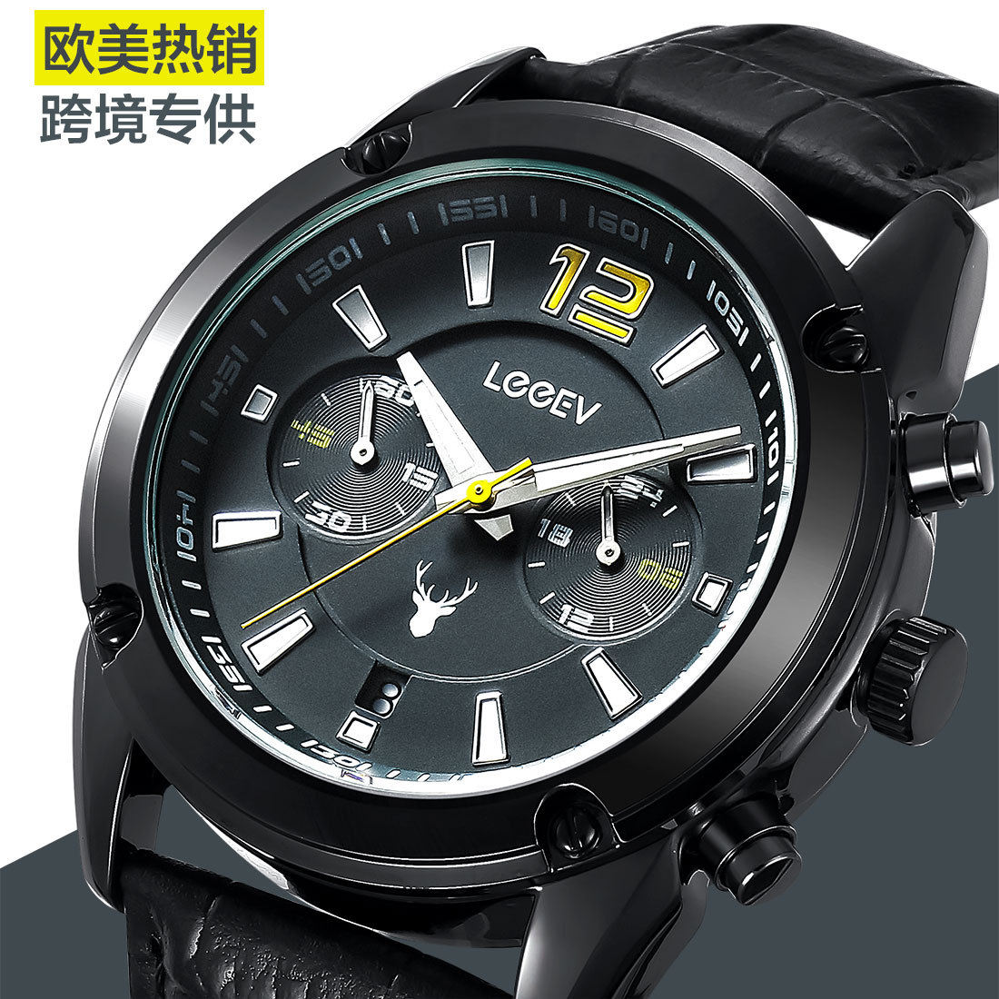 leeev跨境专供男士真皮夜光表盘石英指针手表多功能计时运动手表