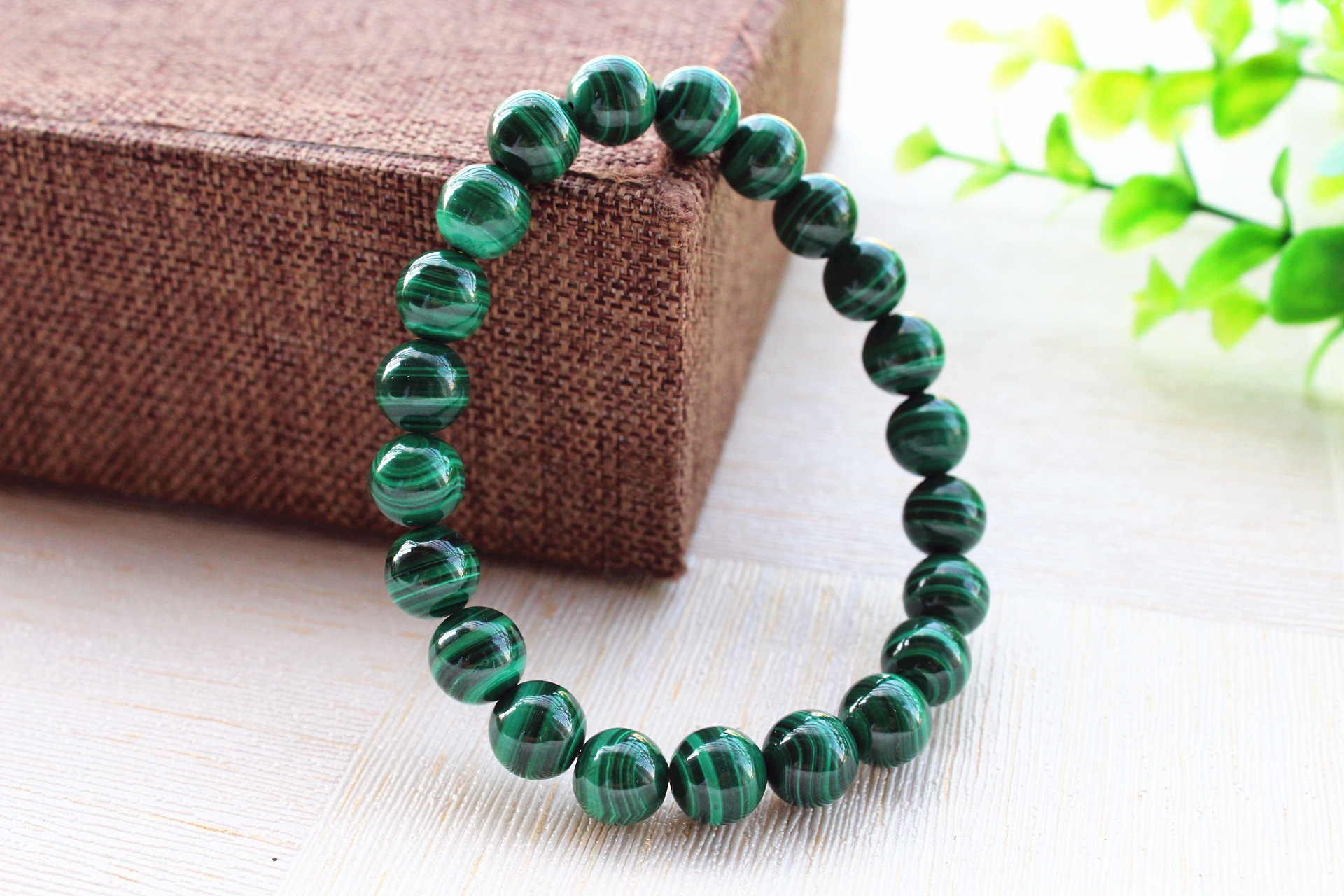 天然绿孔雀石手链手串男女款时尚饰品女礼品 无染色孔雀水晶手链