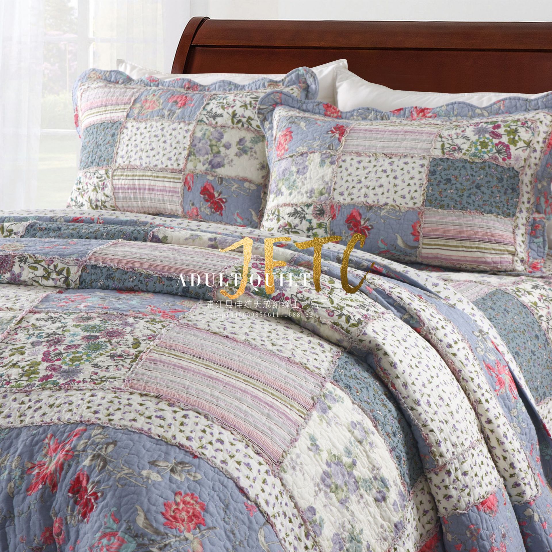 外贸美式植物花卉拼布花边绗缝被三件套床上用品四件套纯棉 被套