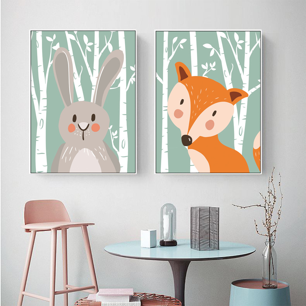 北欧现代装饰画画心儿童房卡通动物萌宠熊狐狸挂画画芯加框