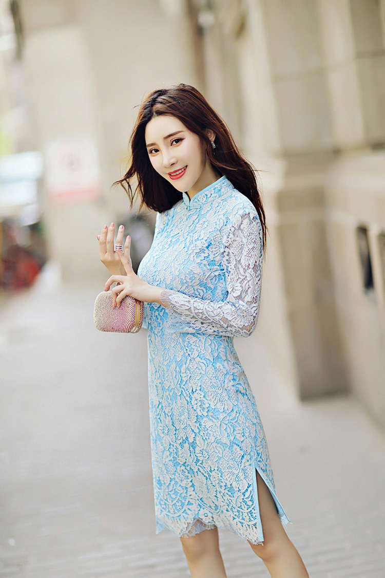 浅蓝唯美文艺盘扣唐装旗袍裙 改良时尚长袖修身蕾丝中式立领旗袍