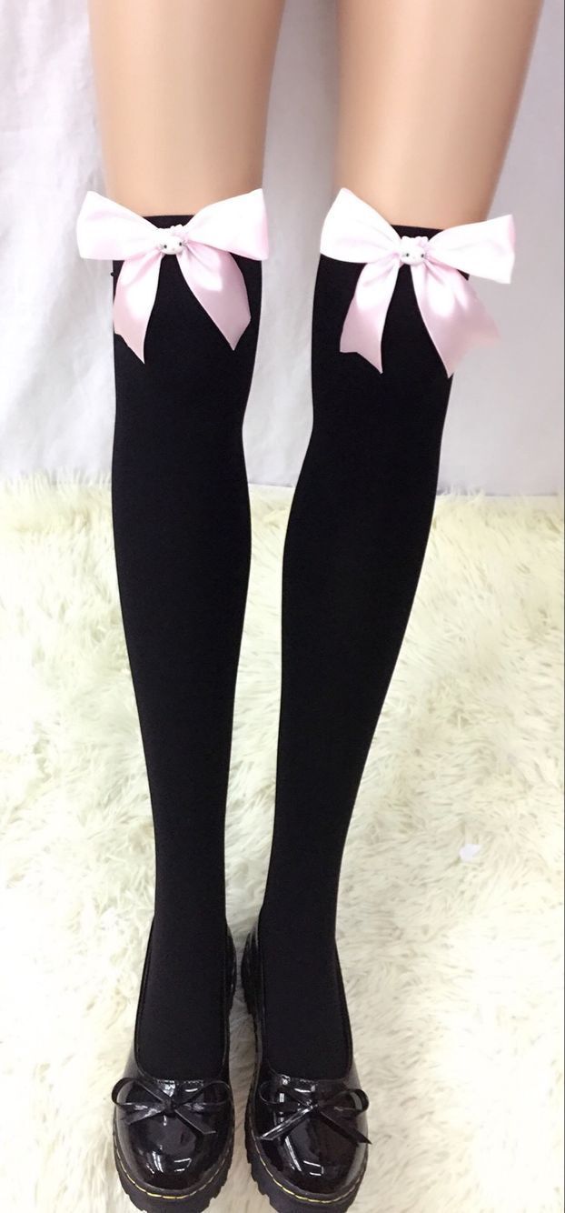 实拍 性感长筒带蝴蝶结黑 白袜圣诞公仔袜子大腿袜过膝可爱袜