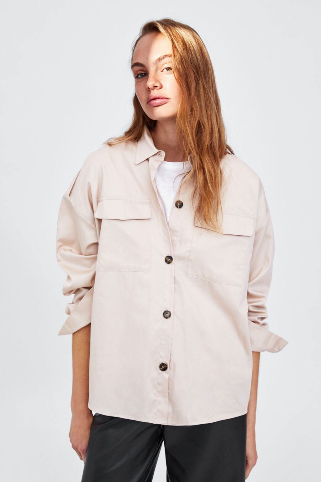 2018春夏新款欧洲站贴袋米色口袋式衬衫 女士衬衣 njn1260