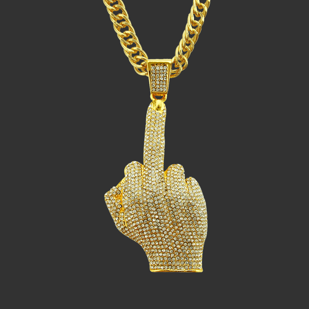 亚马逊wish创意新品项链 大号嘻哈竖中指镶钻潮男吊坠项链项坠
