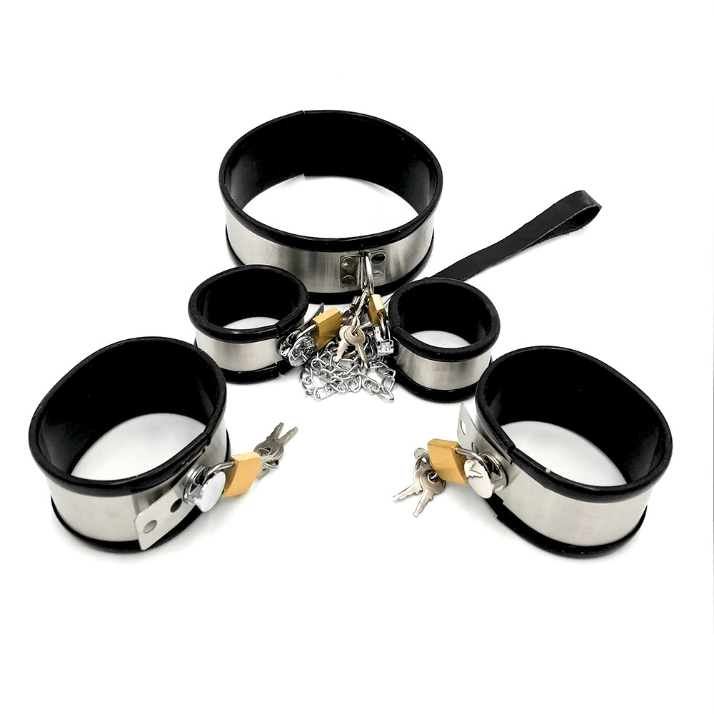 黑帝正品 不锈钢硅胶皮项圈手铐脚铐3件套 另类玩具一件代发