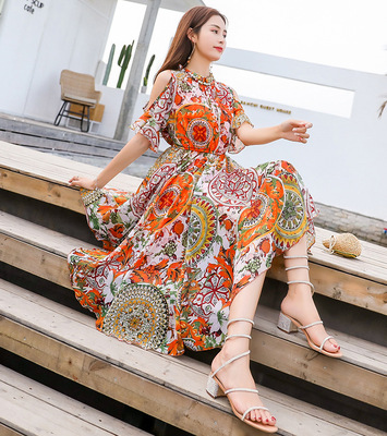 sy1710波西米亚长裙沙滩裙海边度假女印花显瘦裙子雪纺连衣裙