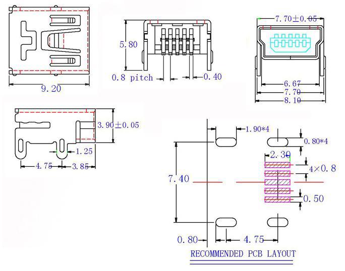 贴片式mini usb插口 mini沉板usb母座 贴片mini usb插座5pin