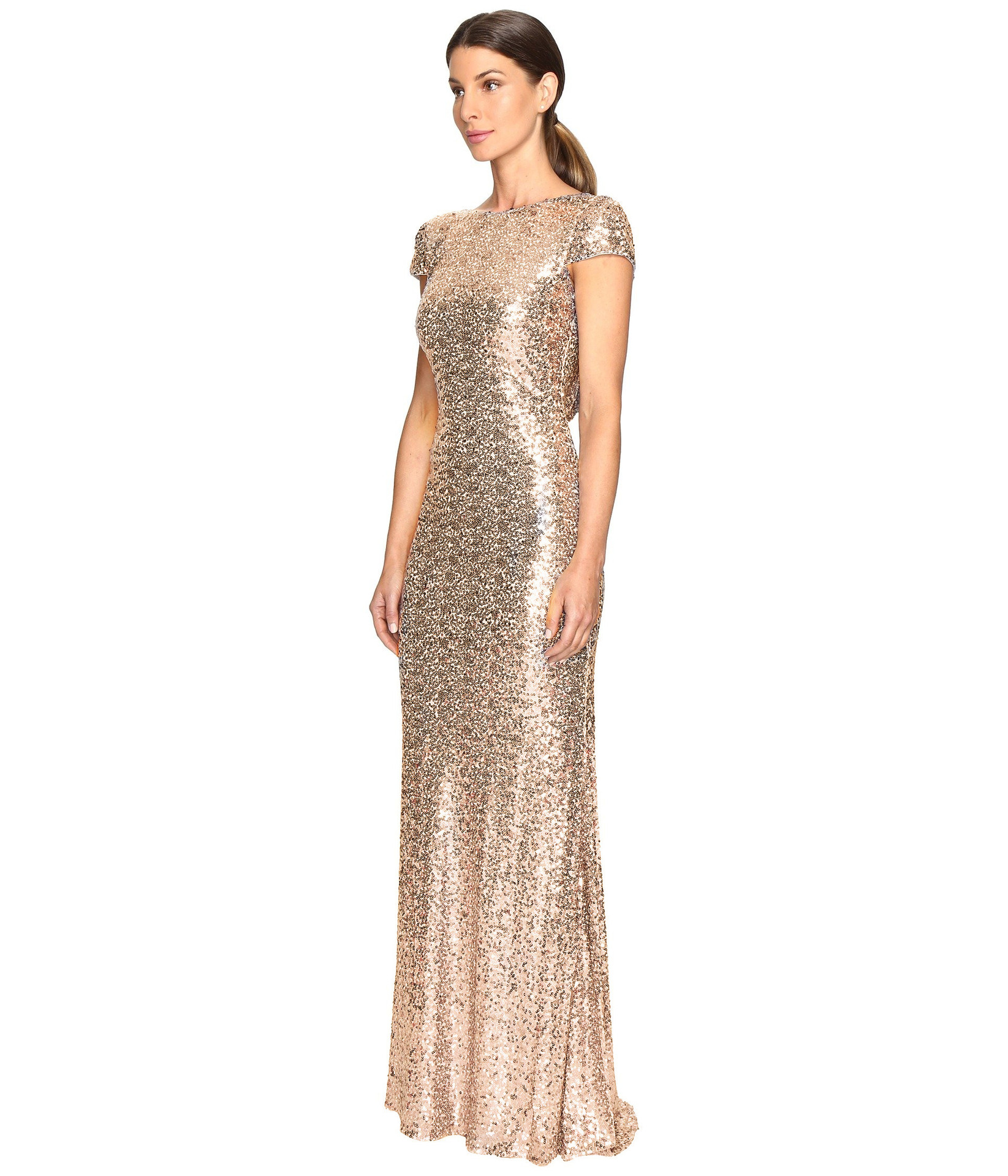 全亮片长款修身u形露背晚礼服 欧美婚礼爆款金色连衣裙