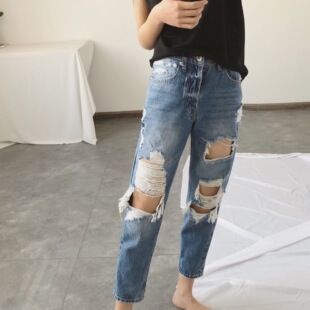 梵伊服饰 2018夏装 纯色水洗破洞乞丐裤九分直筒裤子宽松显瘦女装