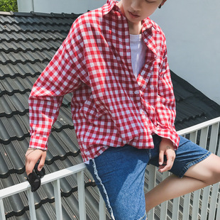 陆屿设计2018秋装新款休闲小清新红白复古格子男士长袖衬衫潮流