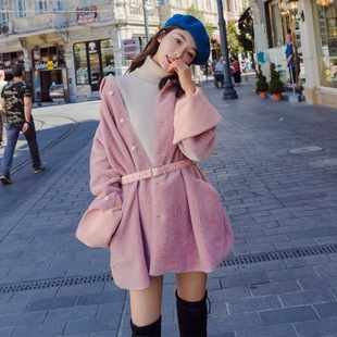 实拍ins高品质甜蜜粉红色收腰系带毛绒外套女翻领单排扣羊毛大衣