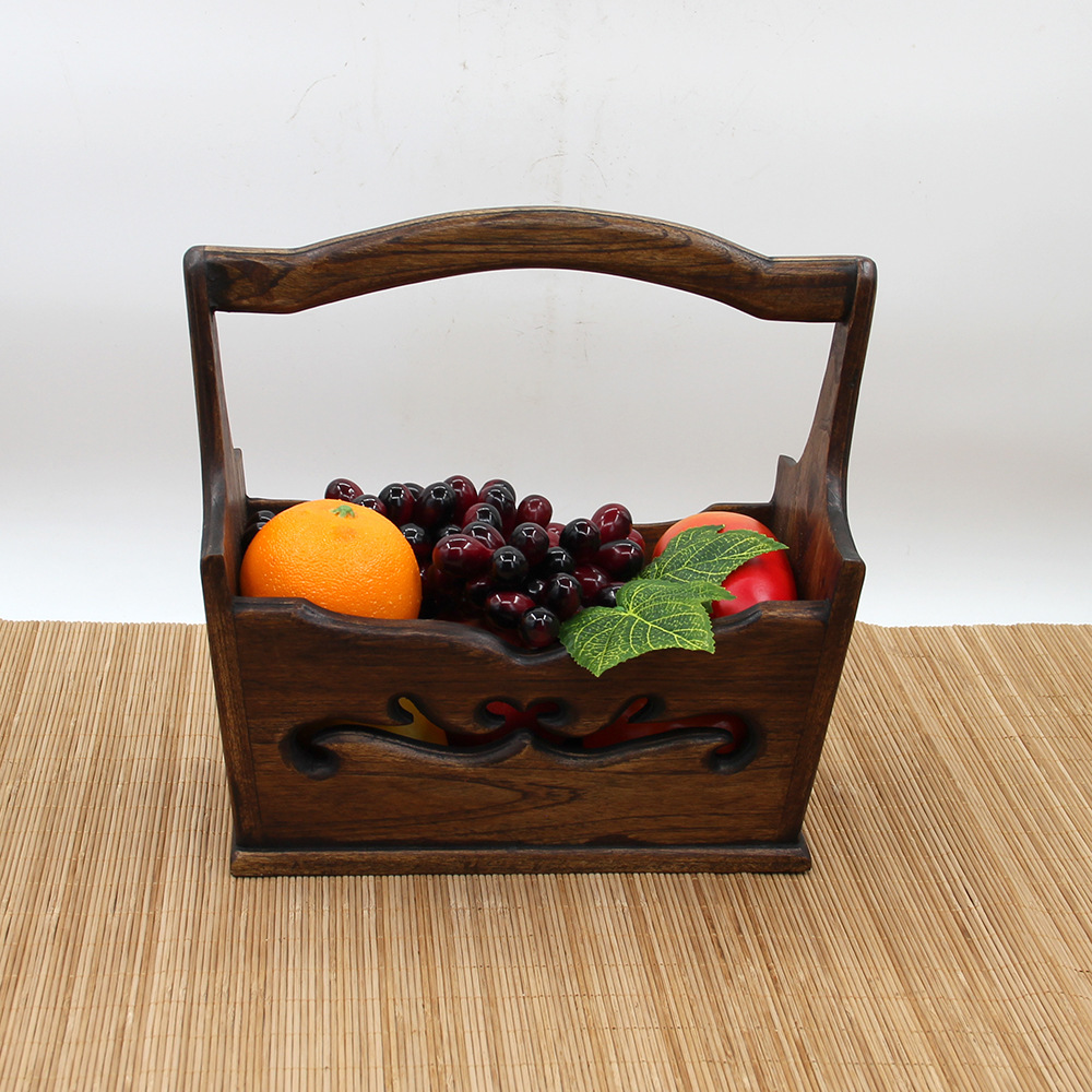 木质雕花收纳篮 家居装饰干花篮 果蔬置物篮 木制鲜花干花筐