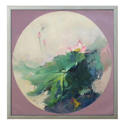 大芬油画荷花纯手绘新中式简约现代玄关会所客厅方版圆形装饰画