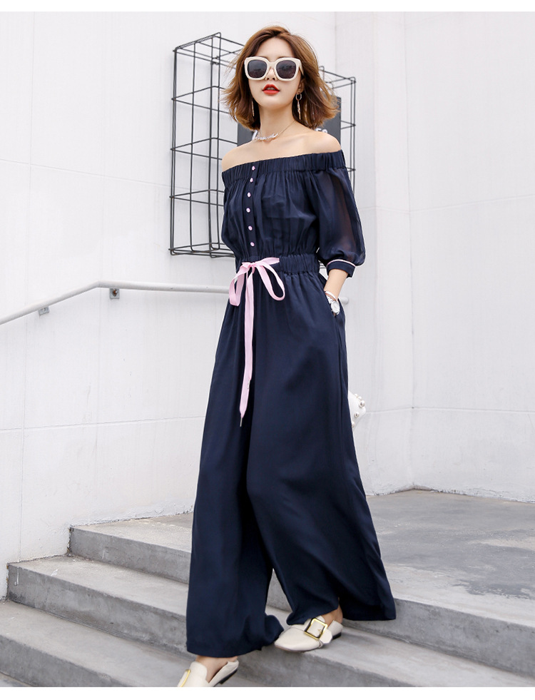 一字肩连体裤女装2018夏季韩版新款高腰显瘦系带雪纺阔腿裤连衣裤