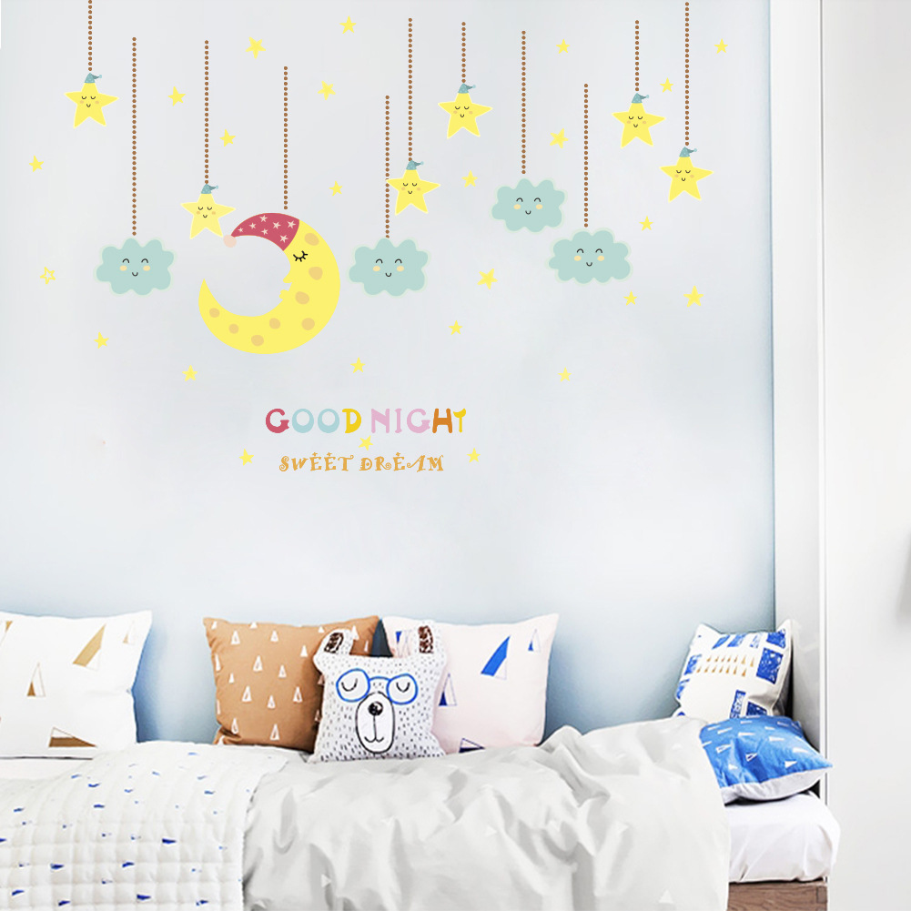 儿童房卡通贴纸墙贴卧室床头墙壁装饰月亮星星幼儿园贴画自粘壁画