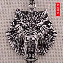 新款欧美时尚跨境潮男狼头霸气吊坠钛钢男士项链批发定制