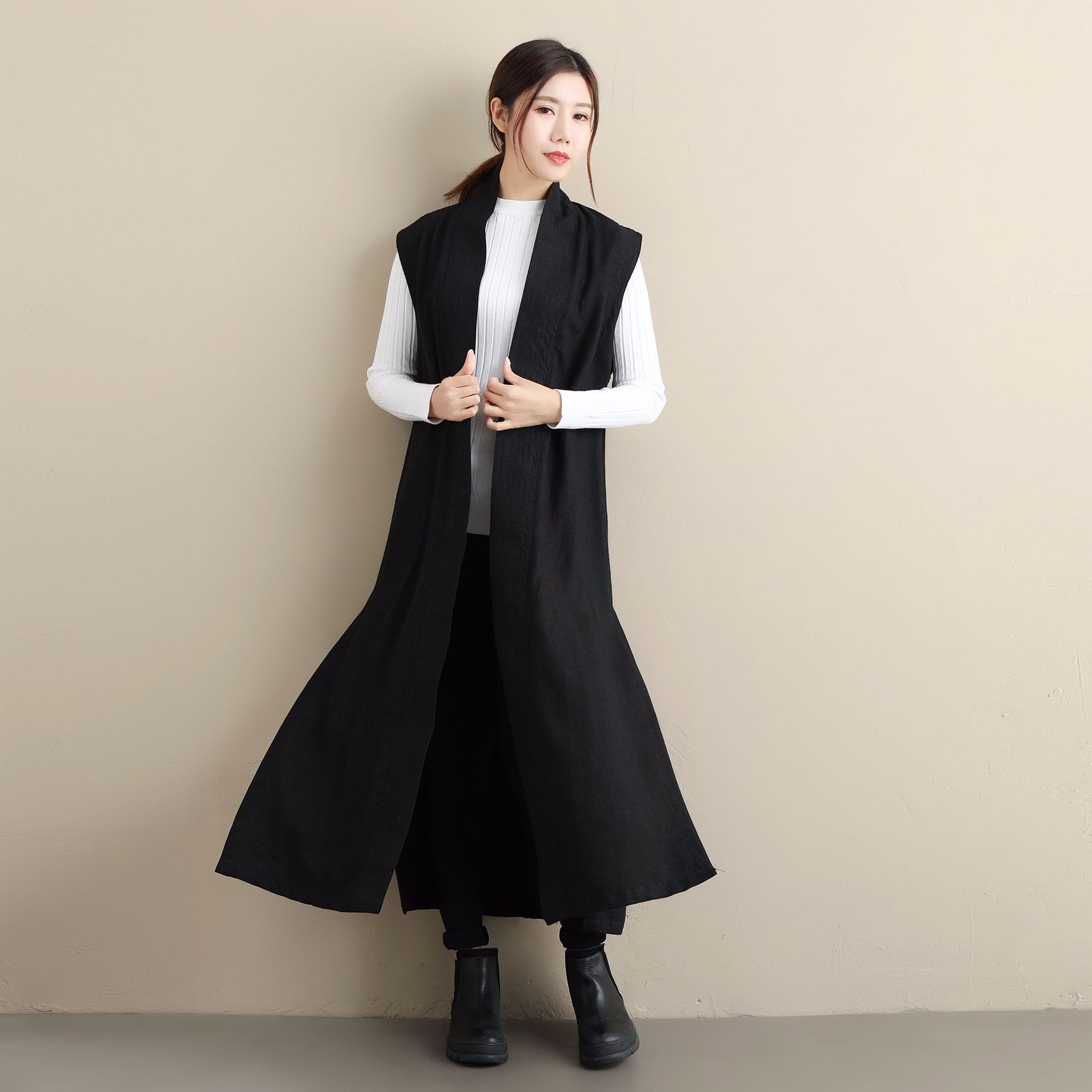 原创亚麻长马褂 女国风复古文艺风马甲纯色长款开衫马褂时尚潮人