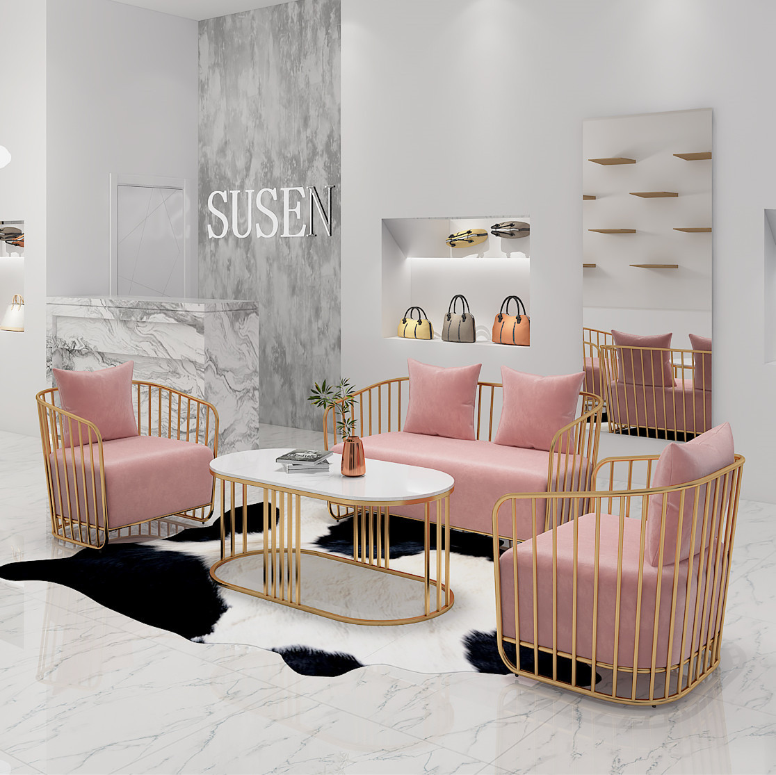 北欧简约沙发店面接待洽谈服装店美容院休闲轻奢铁艺沙发茶几组合