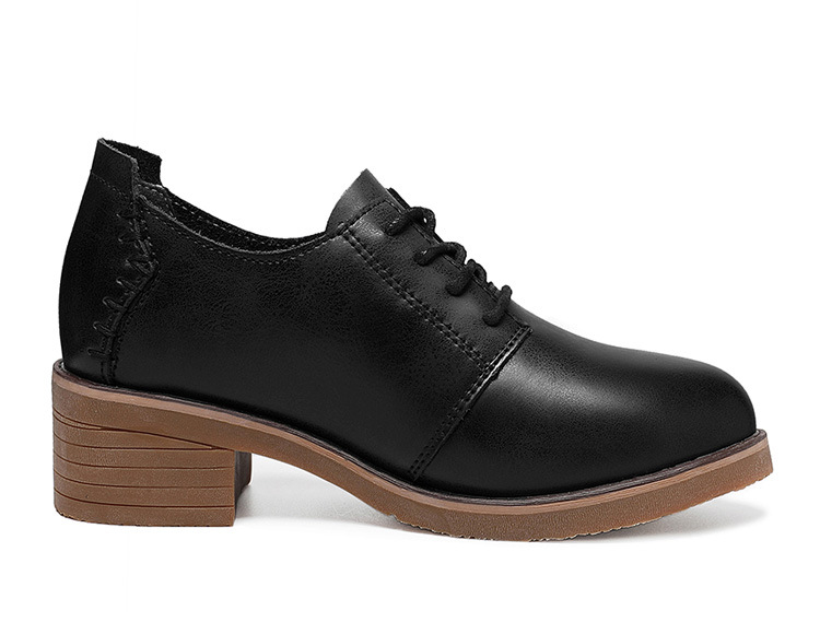 2018春季新款欧美英伦小皮鞋女系带中跟单鞋女真皮粗跟中跟鞋黑色