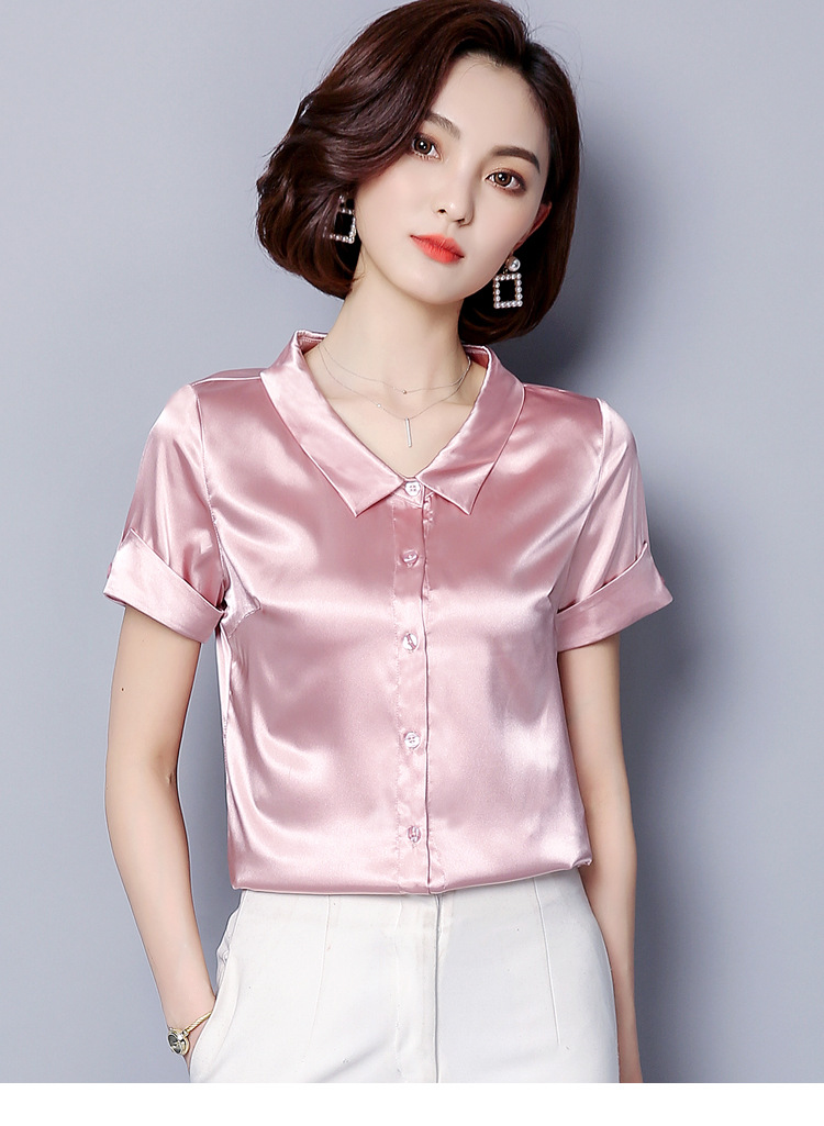 外贸女装2018真 丝半袖女夏女简约短袖上衣polo衫小翻领衬衫女潮