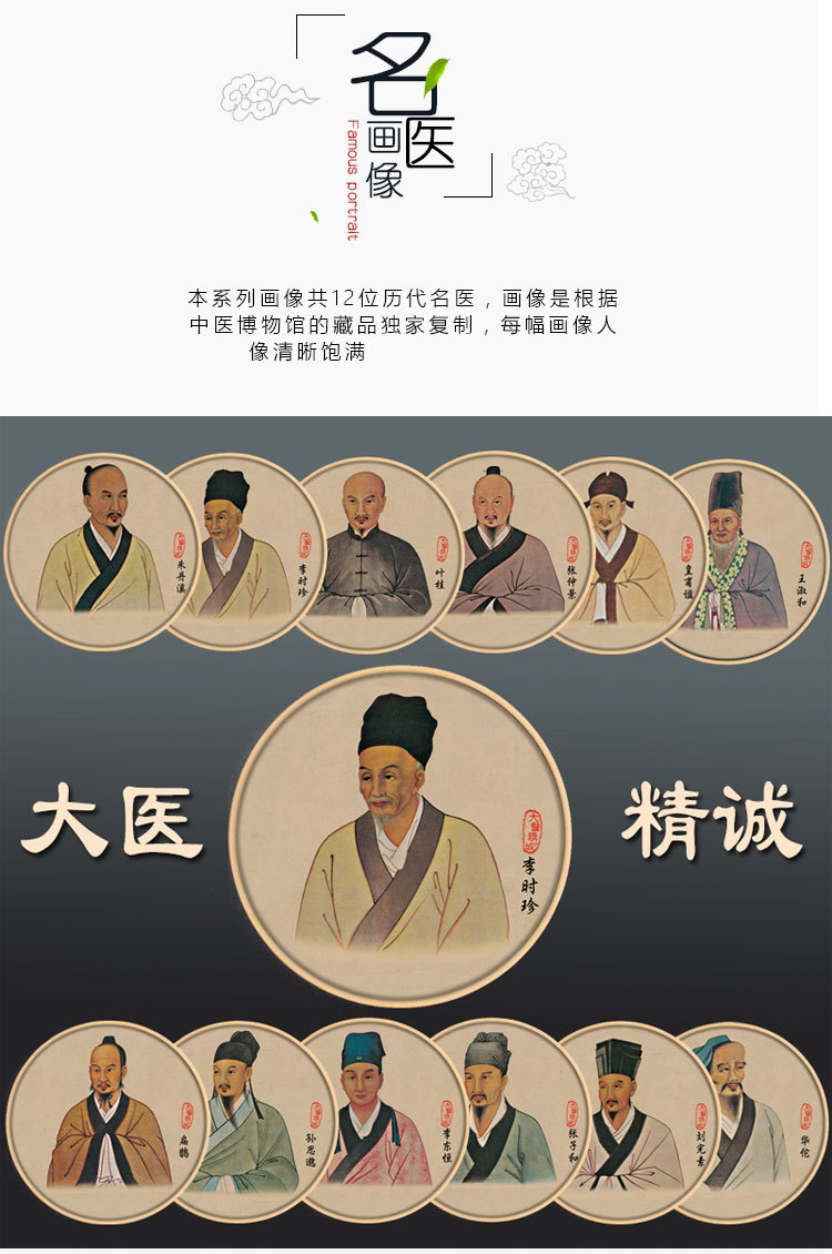 十大名医画像 中医挂图 张仲景 李时珍 孙思邈 华佗 养生馆 装饰