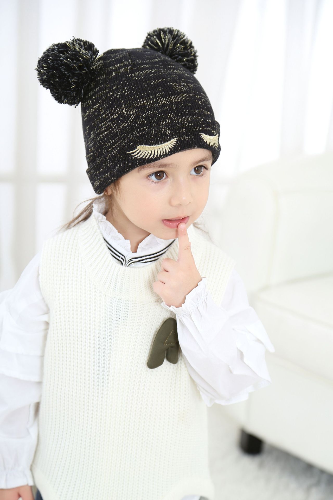 外贸原单工厂黑金金睫毛儿童针织帽儿童秋冬帽子童帽儿童保暖帽