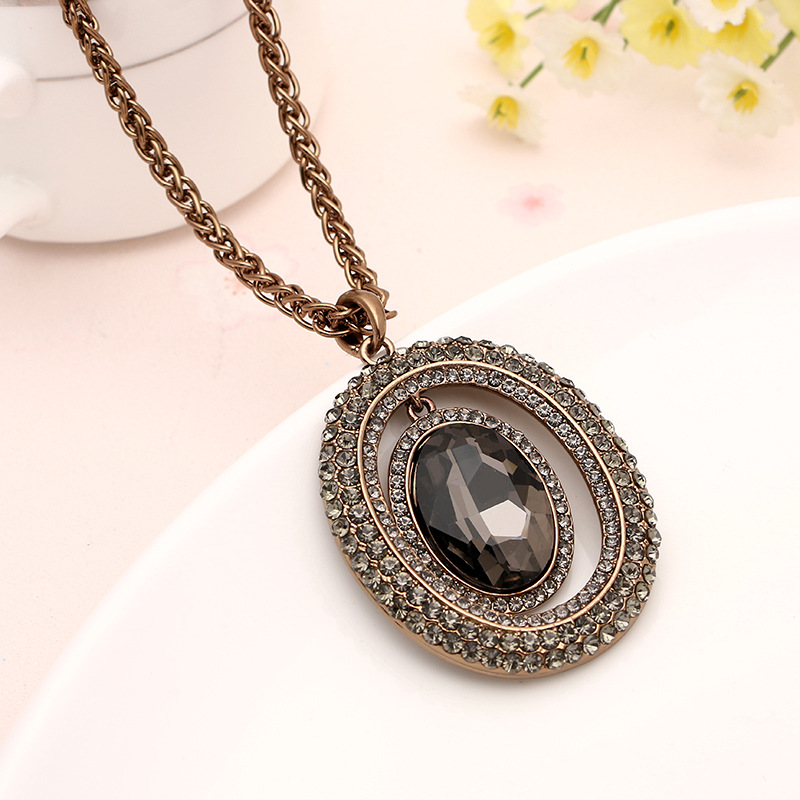 欧美新款长款镂空椭圆吊坠项链 时尚夸张镶钻灰宝石衣服配饰饰品