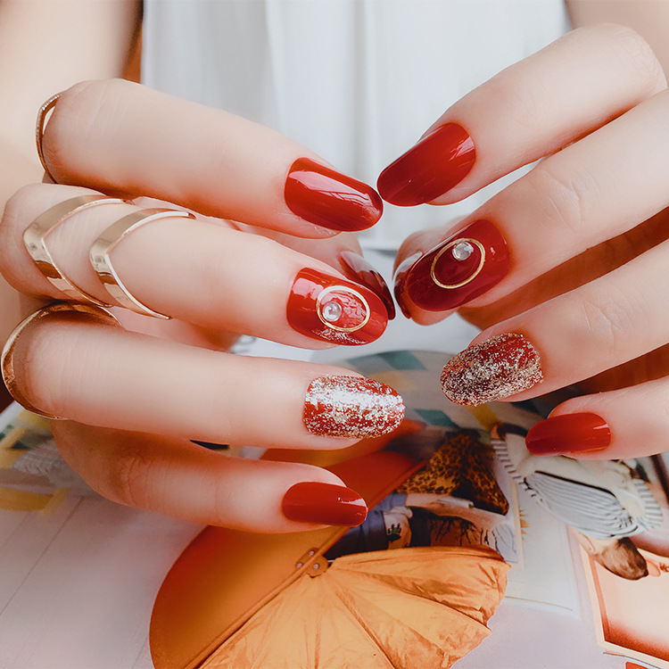 红色指根闪粉 红色系 美甲甲片 新娘甲贴片甲贴成品甲片b48