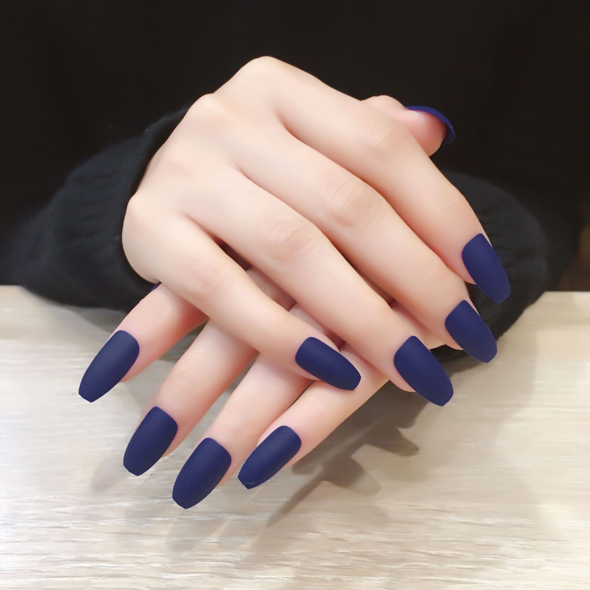 473-磨砂宝蓝芭蕾甲穿戴美甲成品 欧美范梯形甲长款磨砂