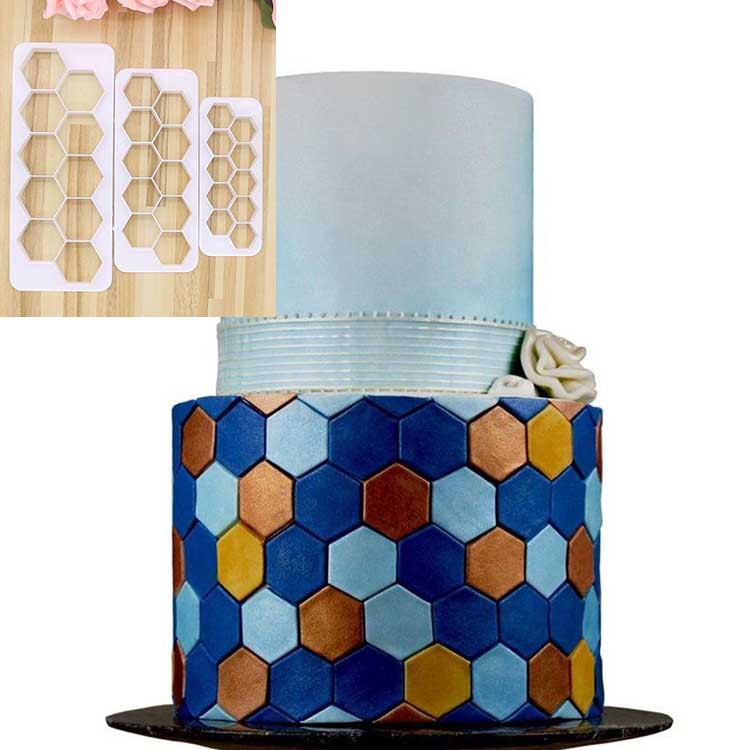 新品3pcs六边形几何形状翻糖印花模 饼干模 视觉幻术效果