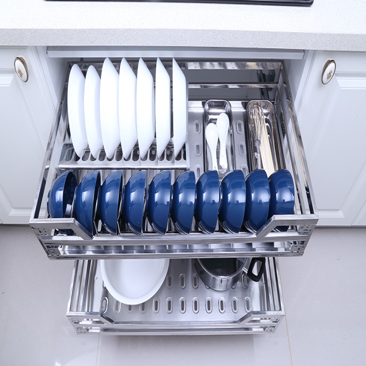 不锈钢方管拉篮厨房五金橱柜拉篮一套双层一件代发