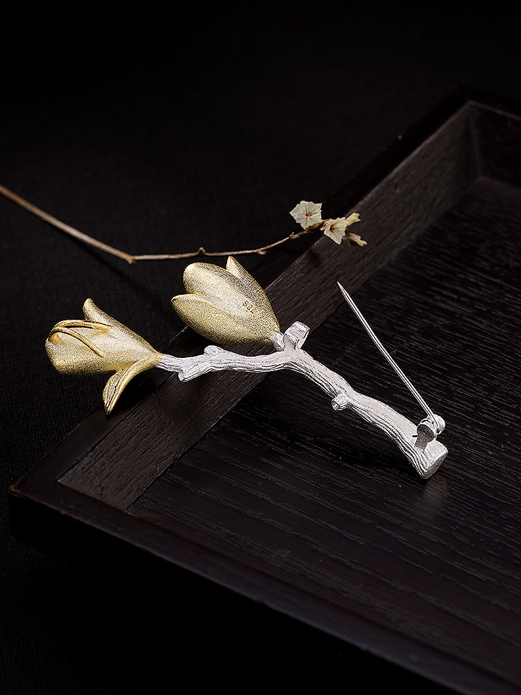 s925纯银镶嵌和田玉白玉碧玉玉兰花树根树枝款胸针货号g10000