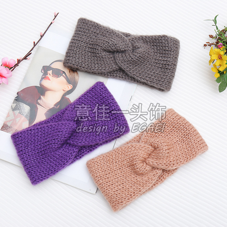 Factory Direct Sale New Mohair Double-Layer Front Cross Women's Knitted Hair Band Autumn and Winter Warm Headband