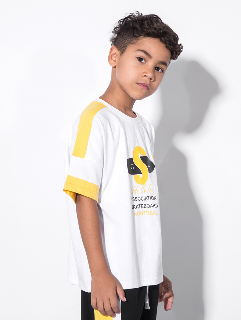 bc童装|2018夏季新款欧美街头滑板印花落肩拼色中大童男童短袖t恤
