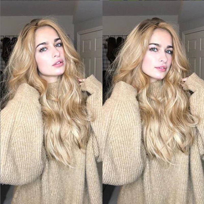 批发外贸假发欧美女士金色头发斜刘海中长发挑染混色中长直发梨花头套