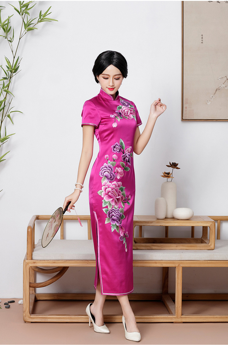 倾城粉黛高端定制新款改良时尚真丝中长款旗袍裙日常复古女士修