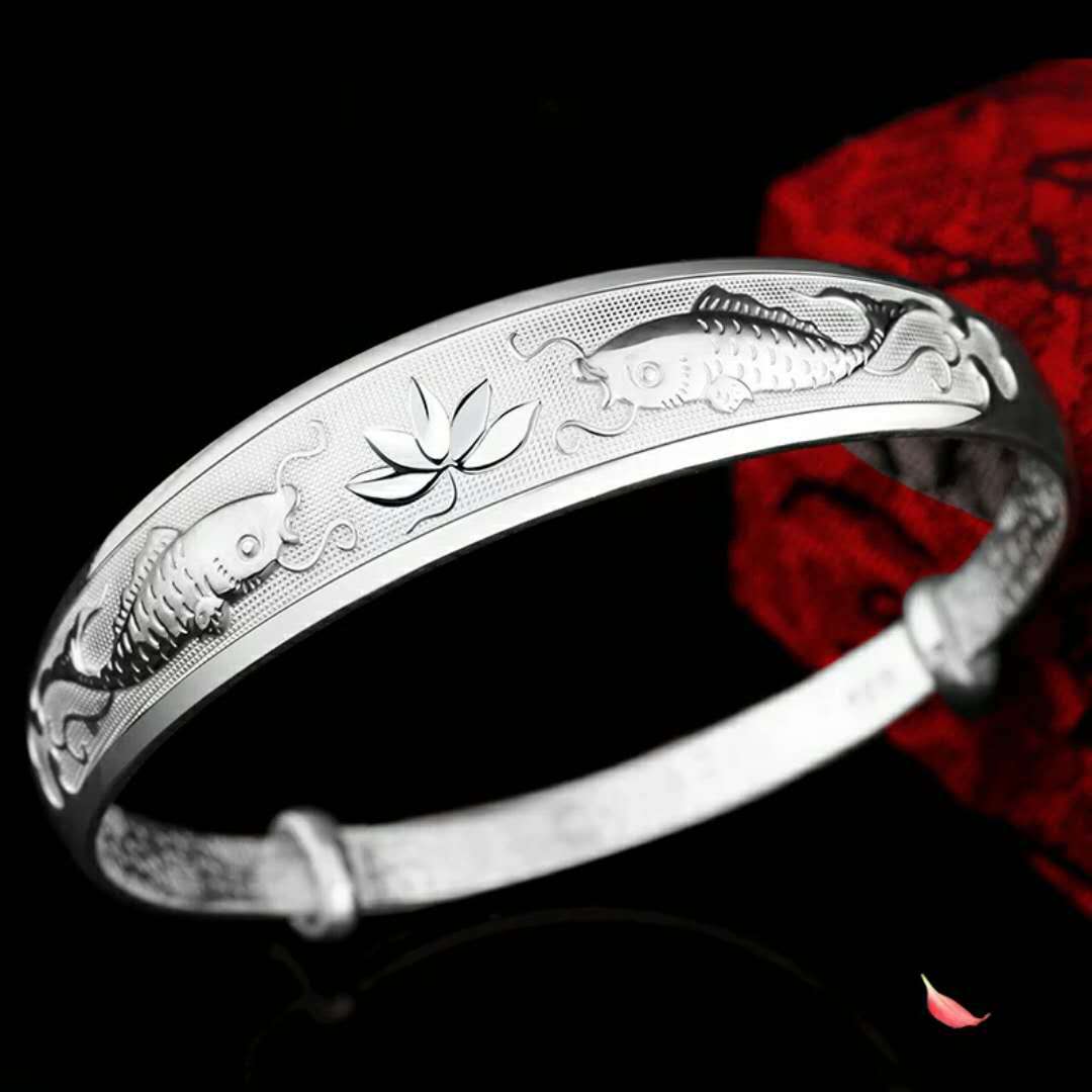 电镀合金双鱼莲花手镯 镀银手镯 银手饰银镯子地摊货源现货批发