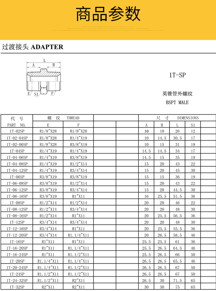 直销伊顿永华标准液压过渡接头直通英锥管外螺纹对丝bspt螺纹1t