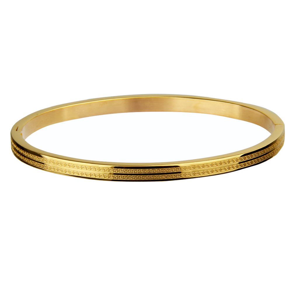 欧韩潮流范高档k金钛钢手镯女雕刻方框纹理不锈钢手镯