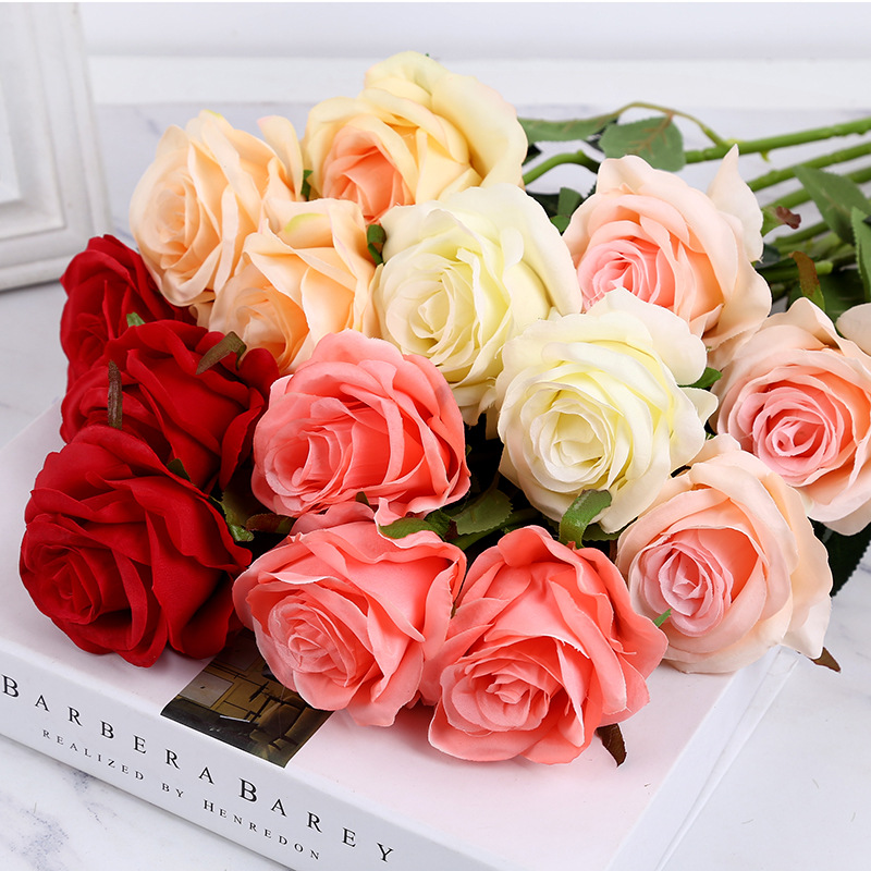 artificial rose flower single hand-feeling rose wholesale wedding home furnishing ornamental flower flower arrangement artificial rose bouquet