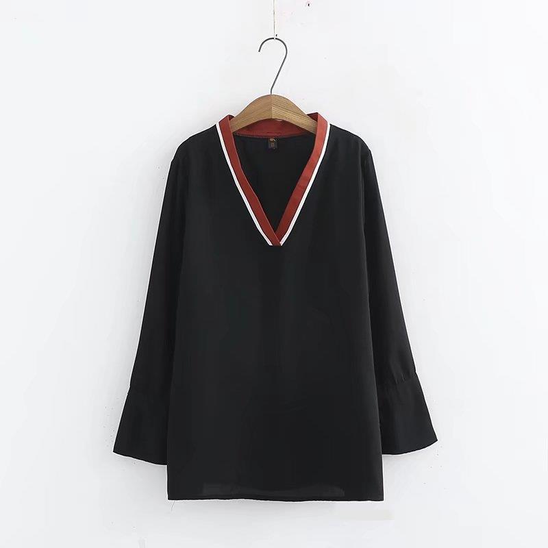 【潘潘】热销2018春秋季新款女装韩版宽松显瘦v领拼色马蹄袖t恤