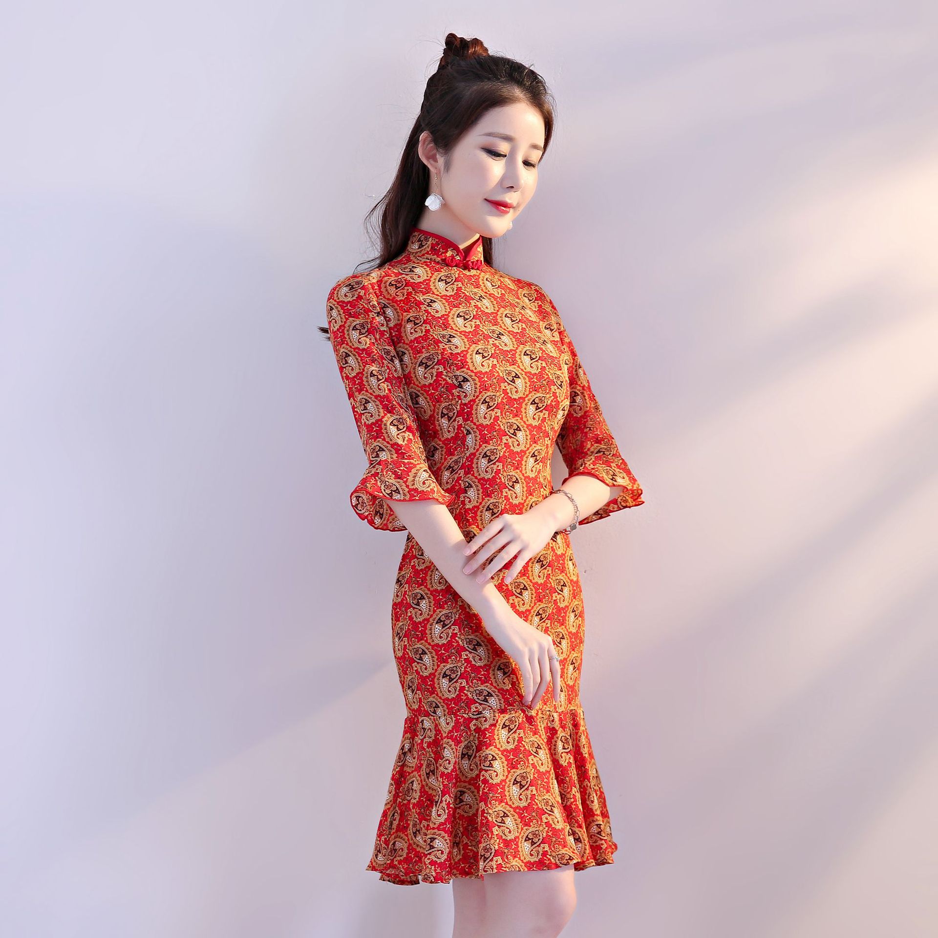 2018夏季新款雪纺鱼尾旗袍连衣裙 修身显瘦少女款雪纺改良旗袍