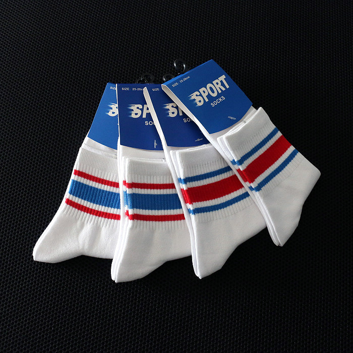 三道杠条纹口纯棉中筒运动袜男袜薄款春夏秋季袜子吸汗防臭