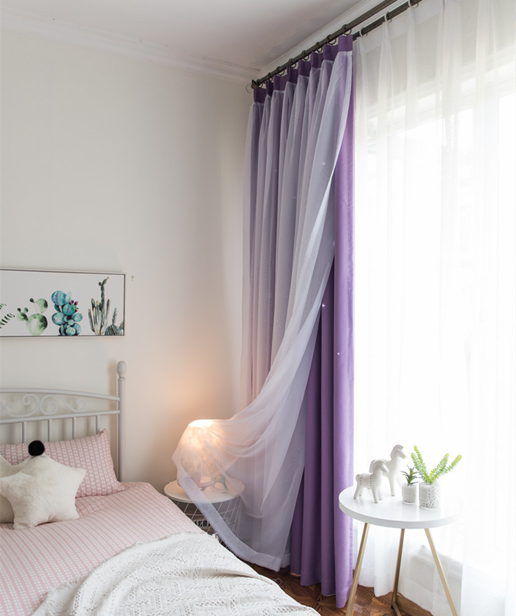 柯桥批发新款镂空星星遮光少女粉窗帘公主风双层布纱一体窗帘成品