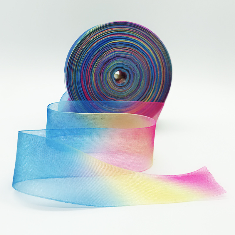 厂家 25mm彩虹渐变色七彩雪纱带  欧根纱装饰婚庆礼品透明网带