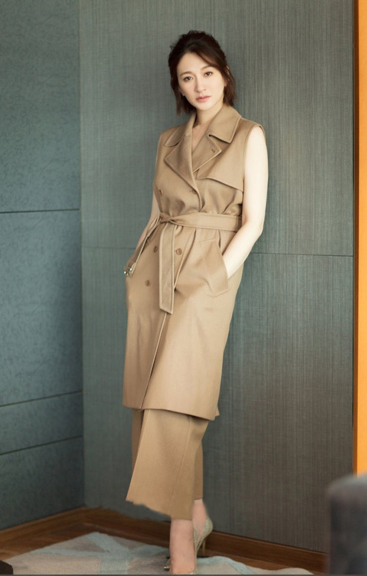 2018秋季新款明星李小冉同款韩版收腰显瘦无袖中长款毛呢外套女