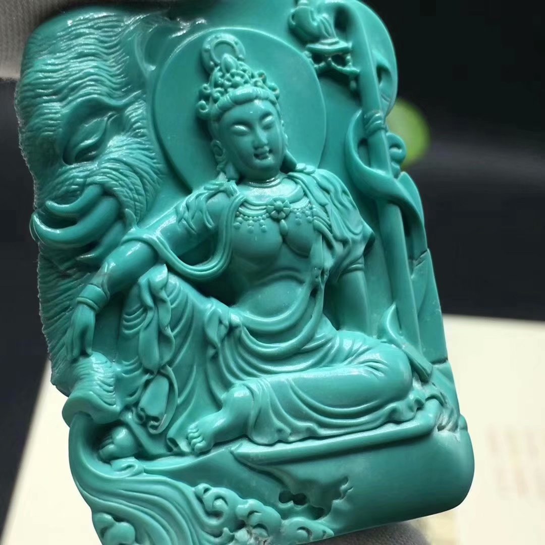 原矿高瓷云盖寺果冻料绿松石普贤菩萨吊坠手把件 精工雕刻收藏品