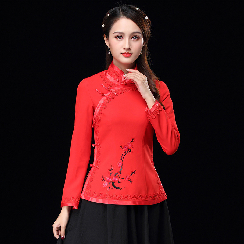 唐装女秋冬新款复古红色新娘旗袍上衣女汉服结婚敬酒服绣花大码