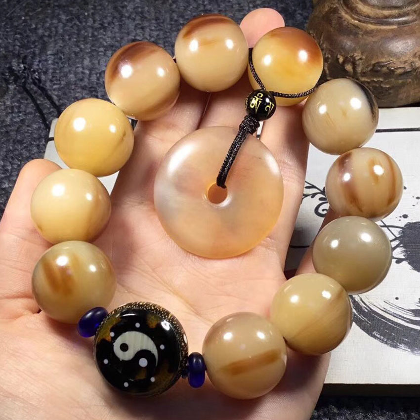 天然西藏耗牛角圆珠手串 带血丝牛角手串 男女单圈文玩手链