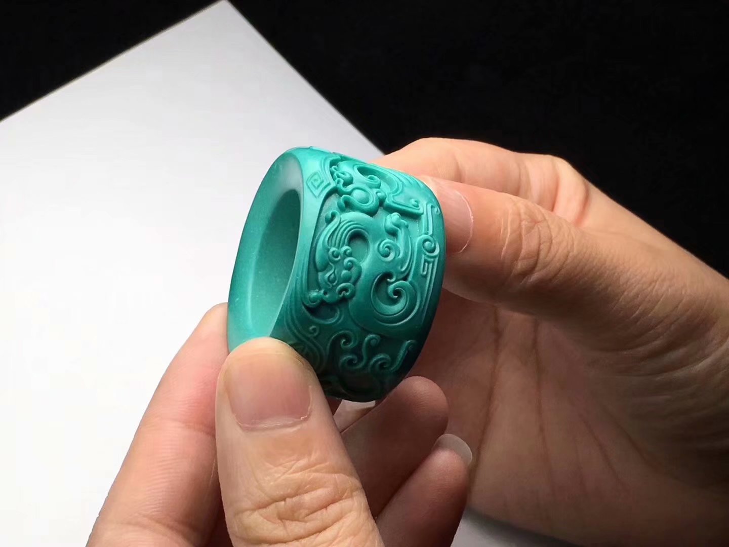 收藏精品绿松石雕刻扳指 天然原矿高瓷绿松产地支持鉴定